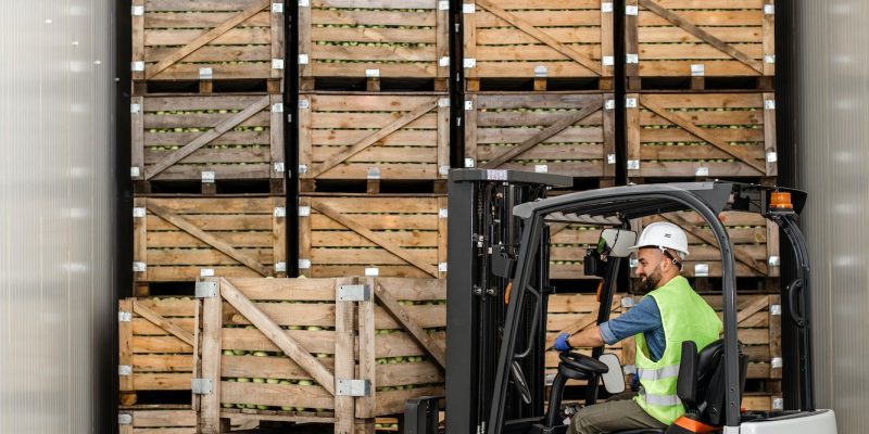 Modern warehouse, work on forklift, industry and organic agribusiness